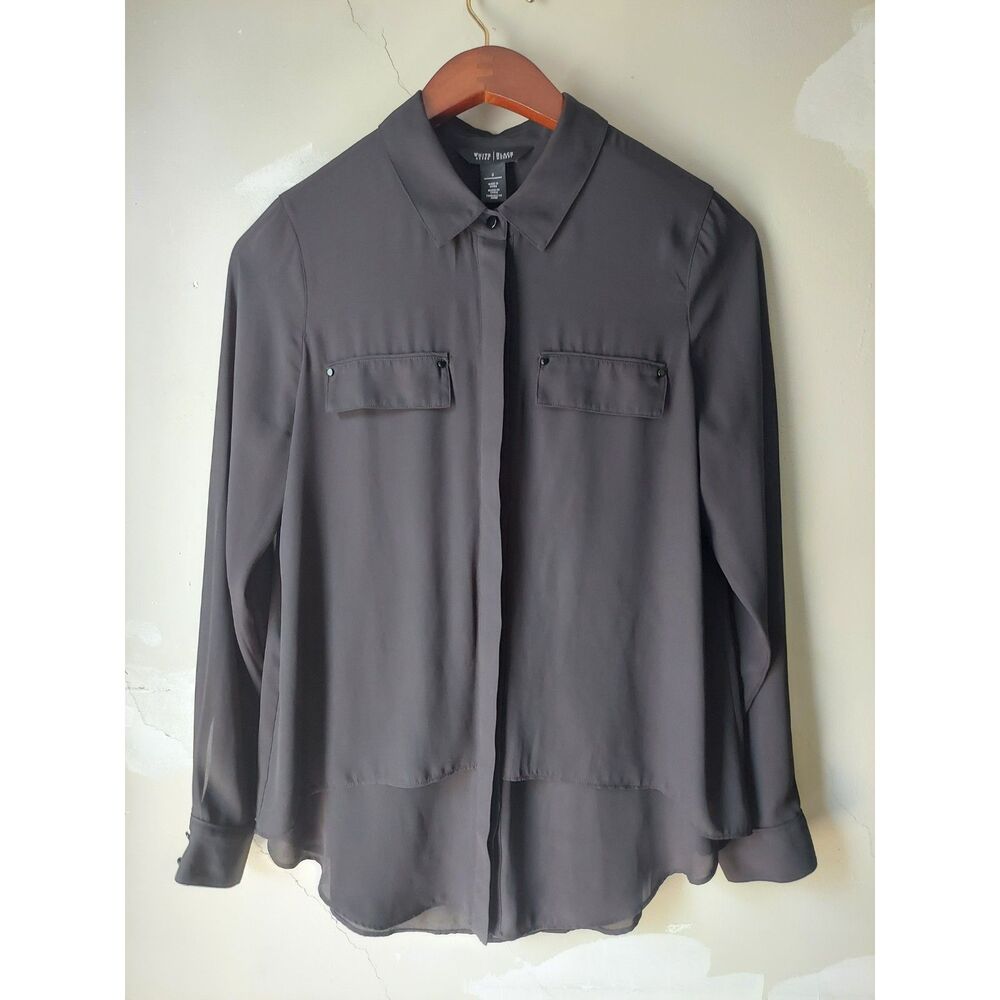 White House Black Market Blouse Long Sleeve Black Button Up Split Back Chiffon